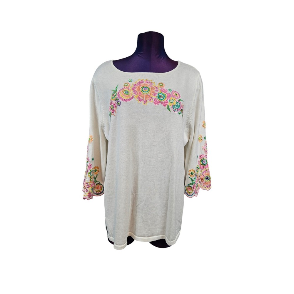 Bob Mackie Wearable Art White & Pink Floral Embroidered Knit Top Size XL H90